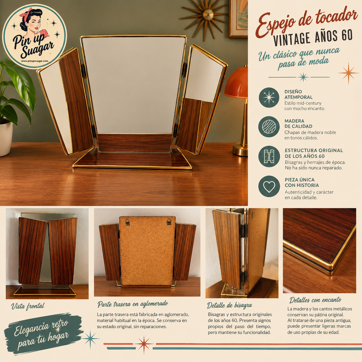 Espejo tríptico vintage mid century - Imagen 2